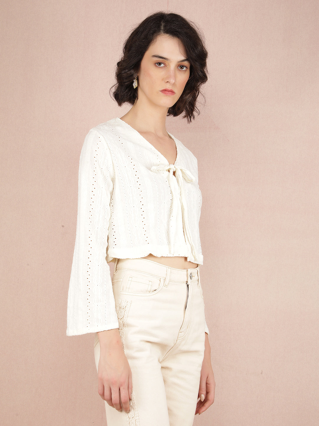 White Jacquard V-Neck Crop Length Top-Women Tops-Crimsoune Club