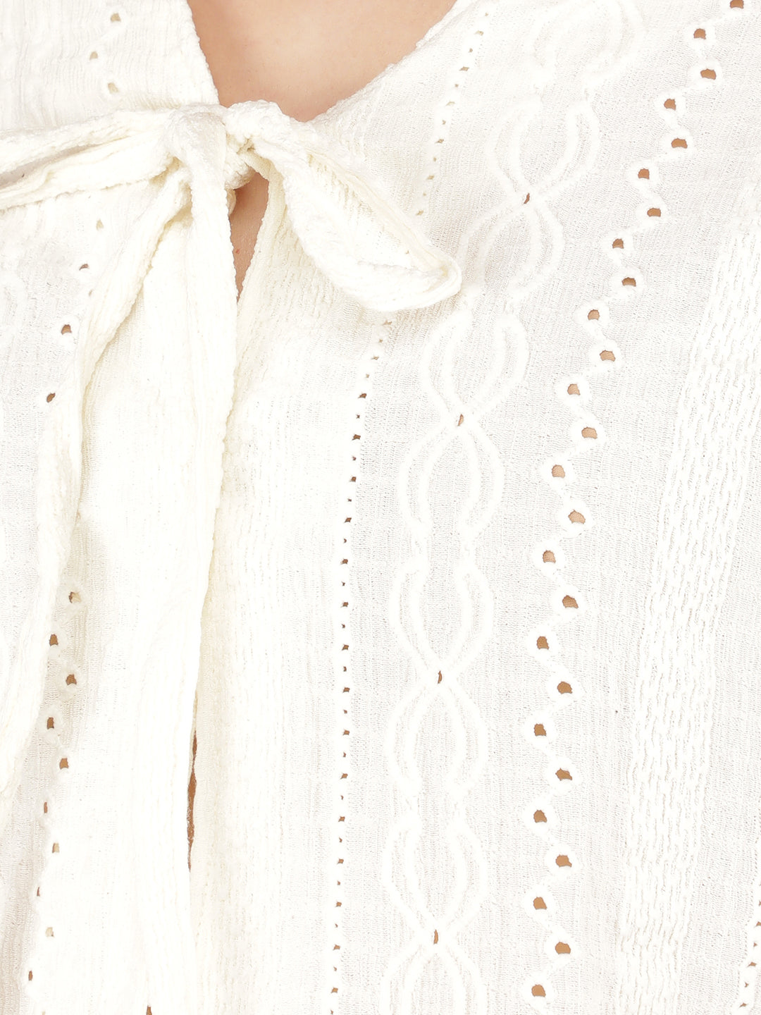 White Jacquard V-Neck Crop Length Top-Women Tops-Crimsoune Club