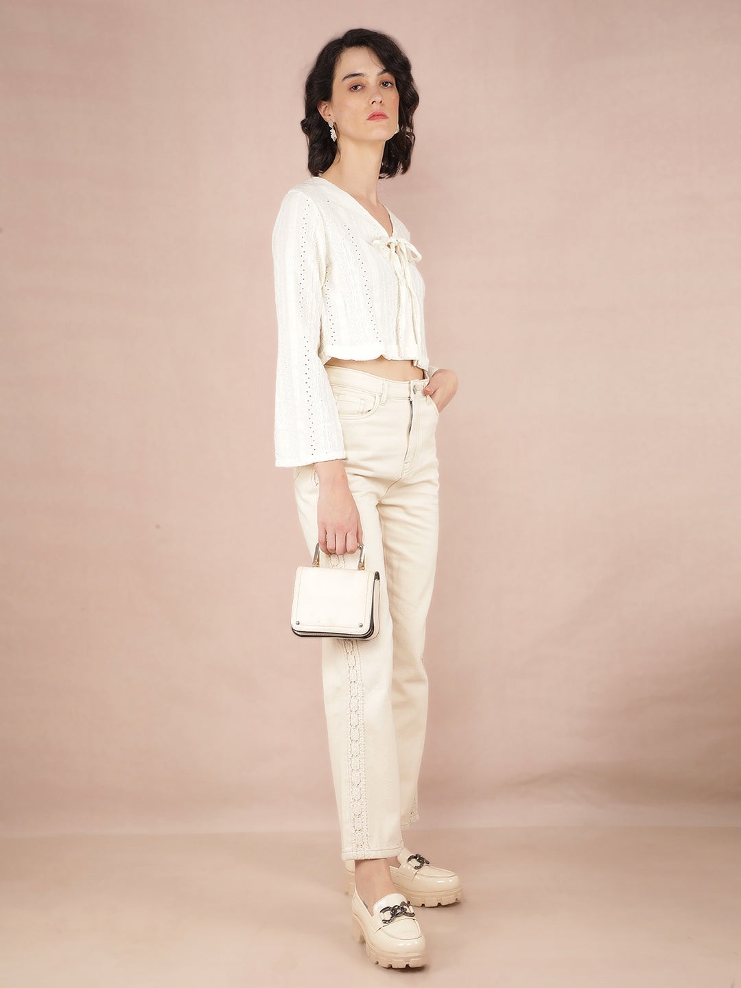 White Jacquard V-Neck Crop Length Top-Women Tops-Crimsoune Club