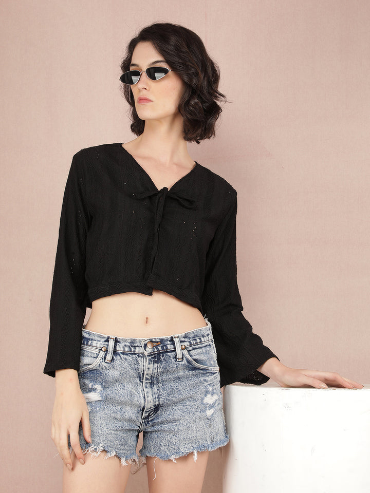 Black Jacquard V-Neck Crop Length Top-Women Tops-Crimsoune Club