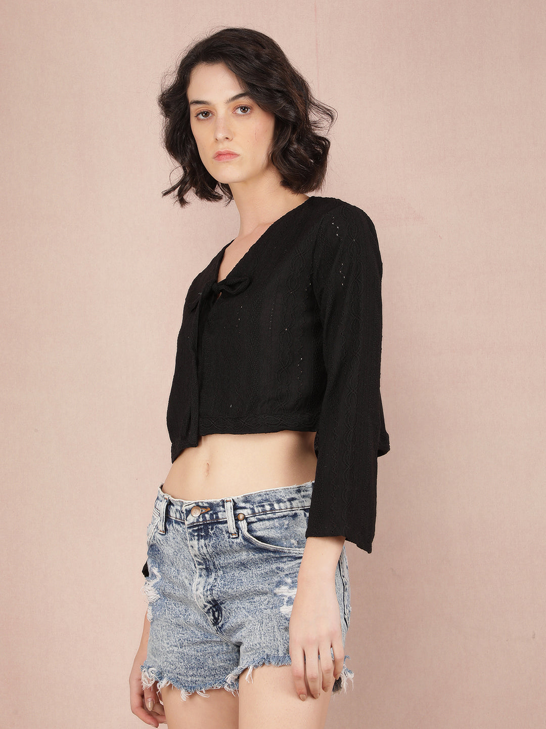 Black Jacquard V-Neck Crop Length Top-Women Tops-Crimsoune Club