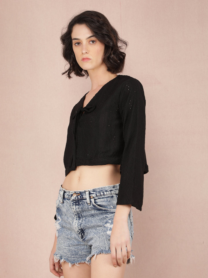 Black Jacquard V-Neck Crop Length Top-Women Tops-Crimsoune Club
