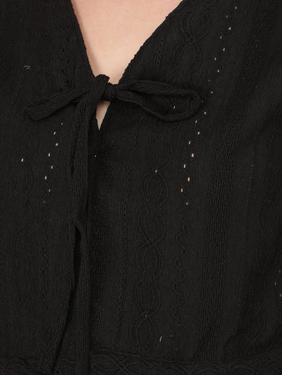 Black Jacquard V-Neck Crop Length Top-Women Tops-Crimsoune Club
