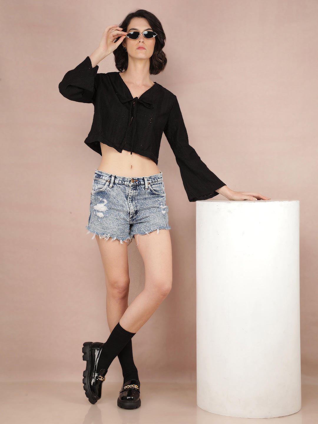 Black Jacquard V-Neck Crop Length Top-Women Tops-Crimsoune Club