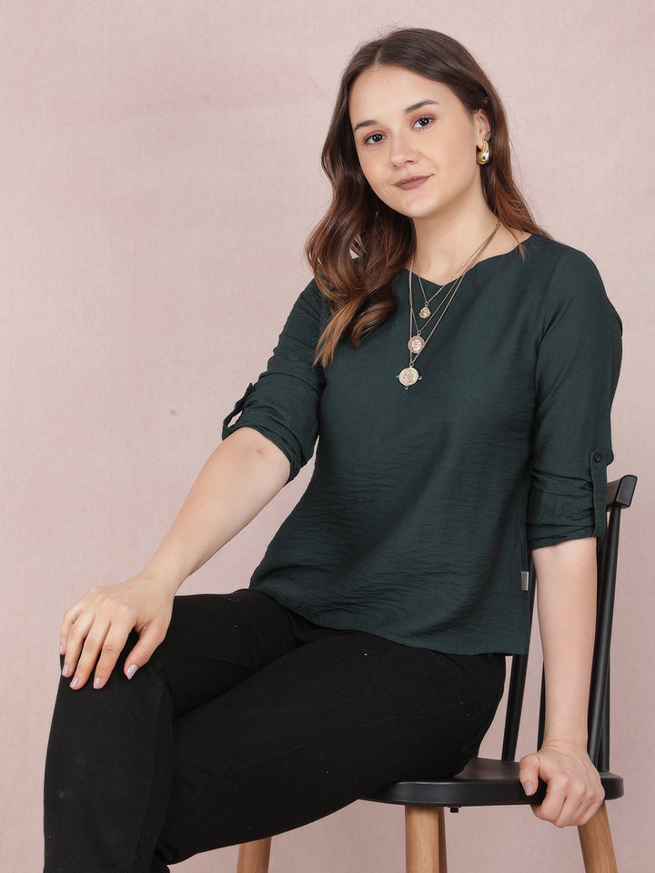 Green V-Neck Top-Women Tops-Crimsoune Club