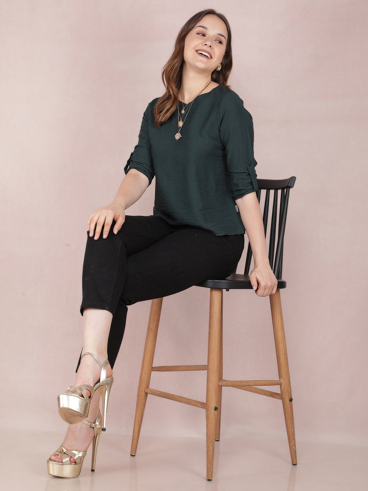 Green V-Neck Top-Women Tops-Crimsoune Club