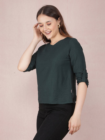 Green V-Neck Top-Women Tops-Crimsoune Club