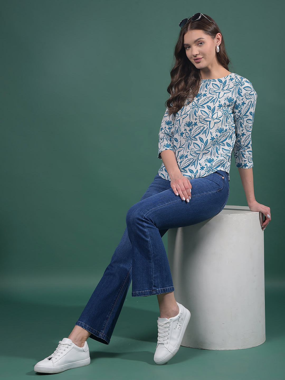 Blue Floral Print Linen Top-Women Tops-Crimsoune Club