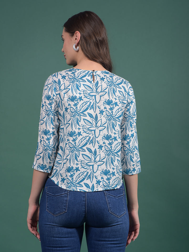 Blue Floral Print Linen Top-Women Tops-Crimsoune Club