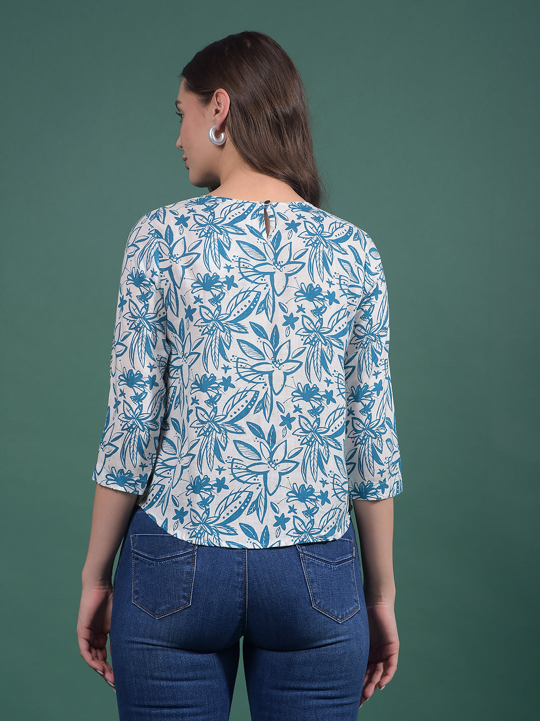 Blue Floral Print Linen Top-Women Tops-Crimsoune Club