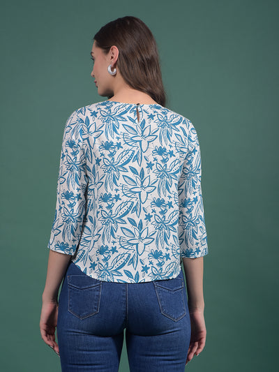 Blue Floral Print Linen Top-Women Tops-Crimsoune Club