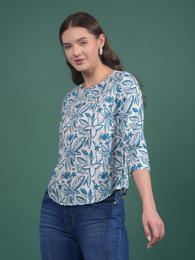 Blue Floral Print Linen Top-Women Tops-Crimsoune Club