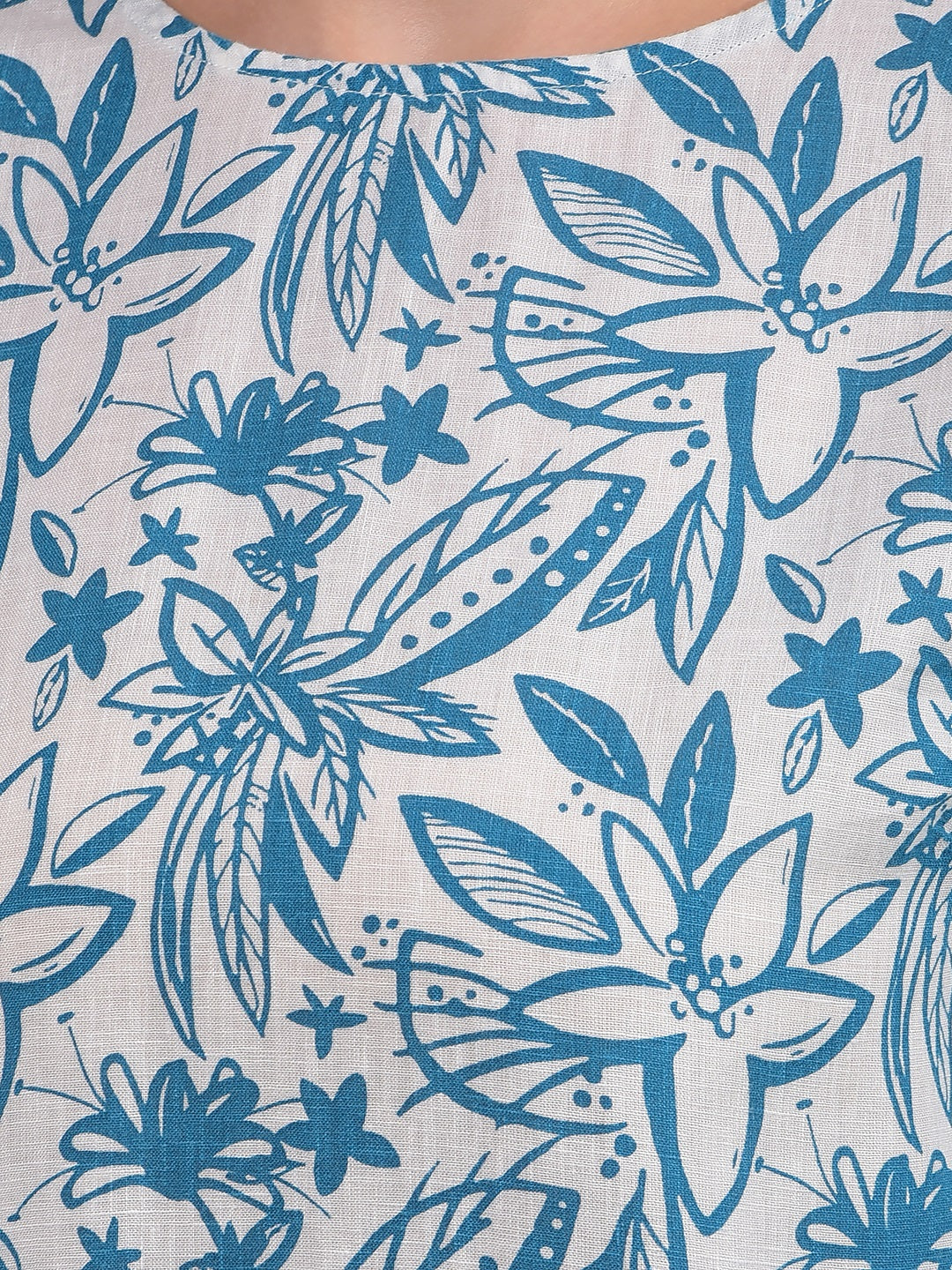 Blue Floral Print Linen Top-Women Tops-Crimsoune Club