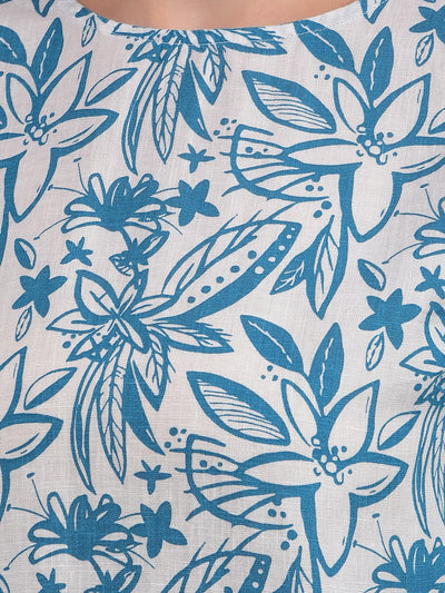 Blue Floral Print Linen Top-Women Tops-Crimsoune Club