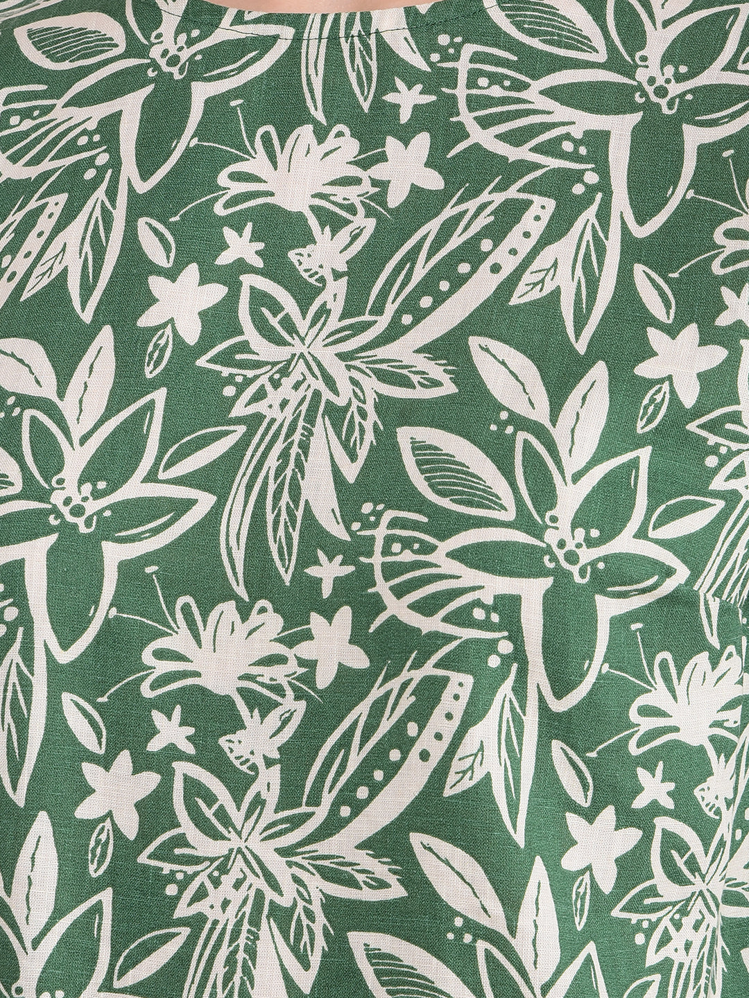 Green Floral Print Linen Top-Women Tops-Crimsoune Club