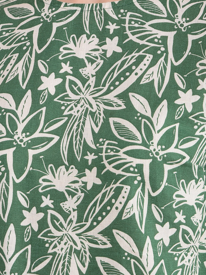 Green Floral Print Linen Top-Women Tops-Crimsoune Club