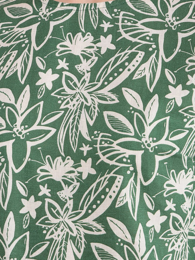 Green Floral Print Linen Top-Women Tops-Crimsoune Club