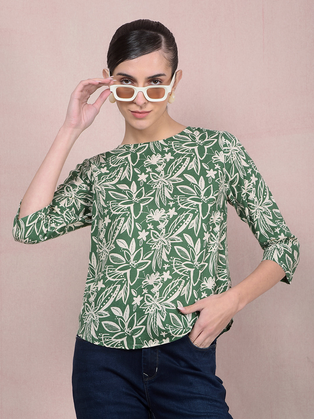 Green Floral Print Linen Top-Women Tops-Crimsoune Club