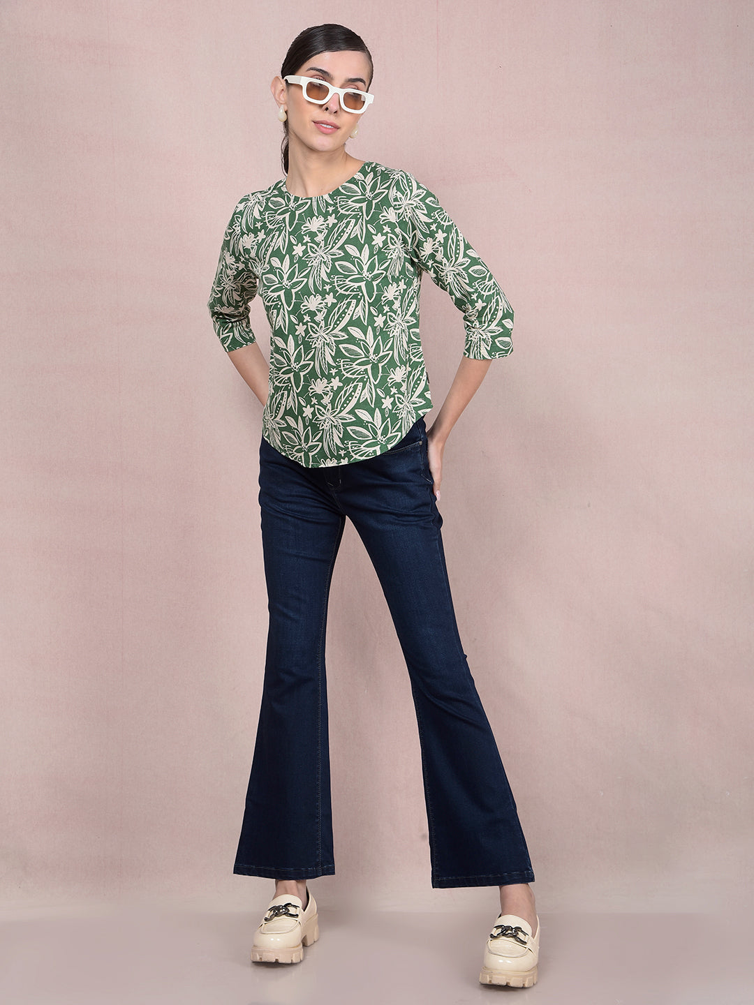 Green Floral Print Linen Top-Women Tops-Crimsoune Club