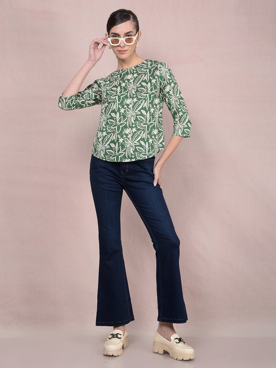 Green Floral Print Linen Top-Women Tops-Crimsoune Club