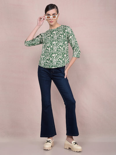Green Floral Print Linen Top-Women Tops-Crimsoune Club