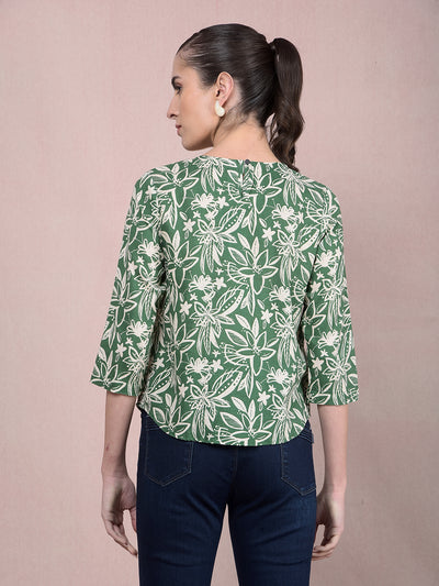 Green Floral Print Linen Top-Women Tops-Crimsoune Club