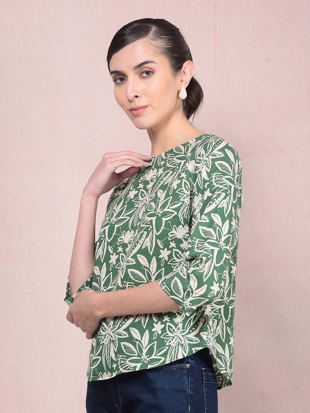 Green Floral Print Linen Top-Women Tops-Crimsoune Club