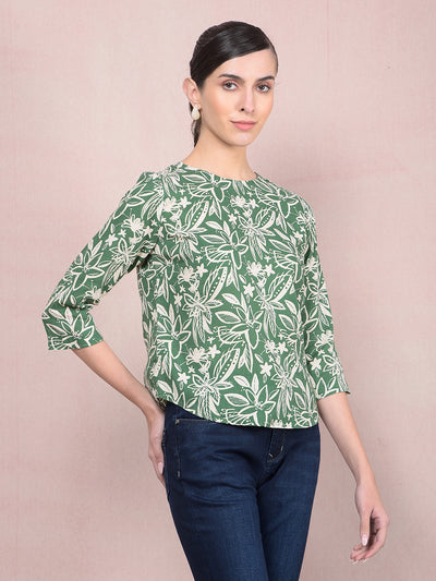 Green Floral Print Linen Top-Women Tops-Crimsoune Club