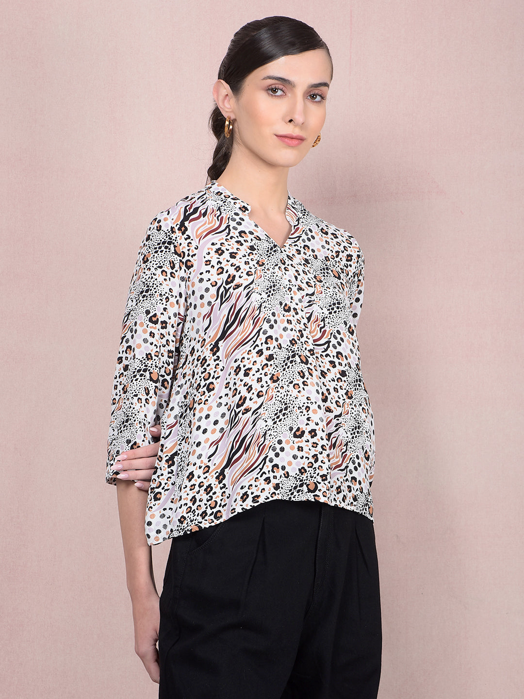Maroon Printed V-Neck Top-Women Tops-Crimsoune Club