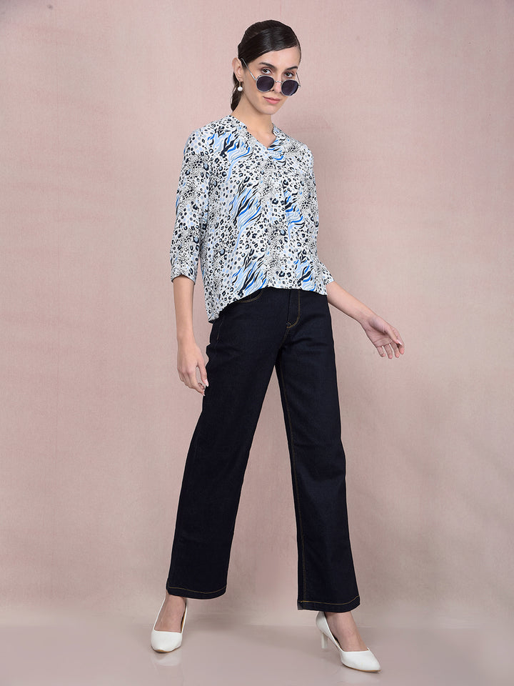 Blue Printed V-Neck Top-Women Tops-Crimsoune Club