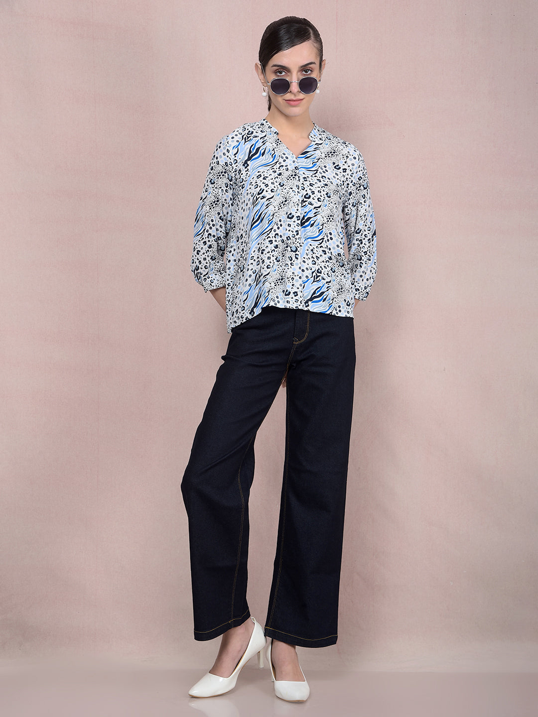 Blue Printed V-Neck Top-Women Tops-Crimsoune Club