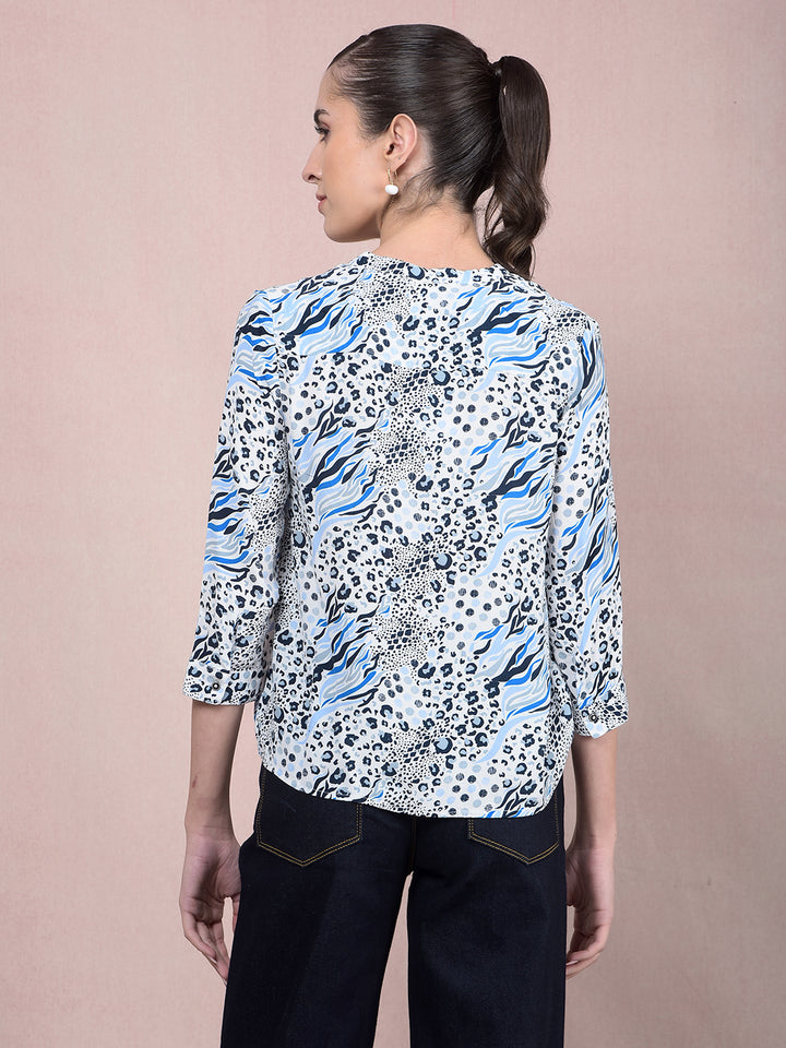 Blue Printed V-Neck Top-Women Tops-Crimsoune Club