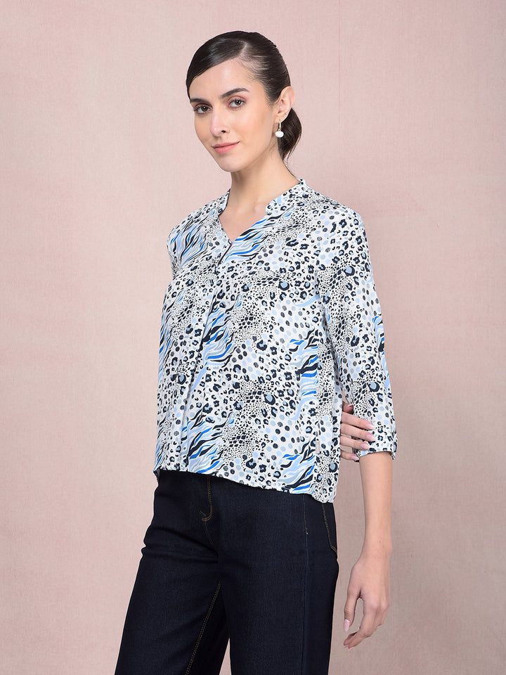 Blue Printed V-Neck Top-Women Tops-Crimsoune Club
