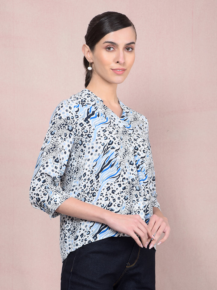 Blue Printed V-Neck Top-Women Tops-Crimsoune Club