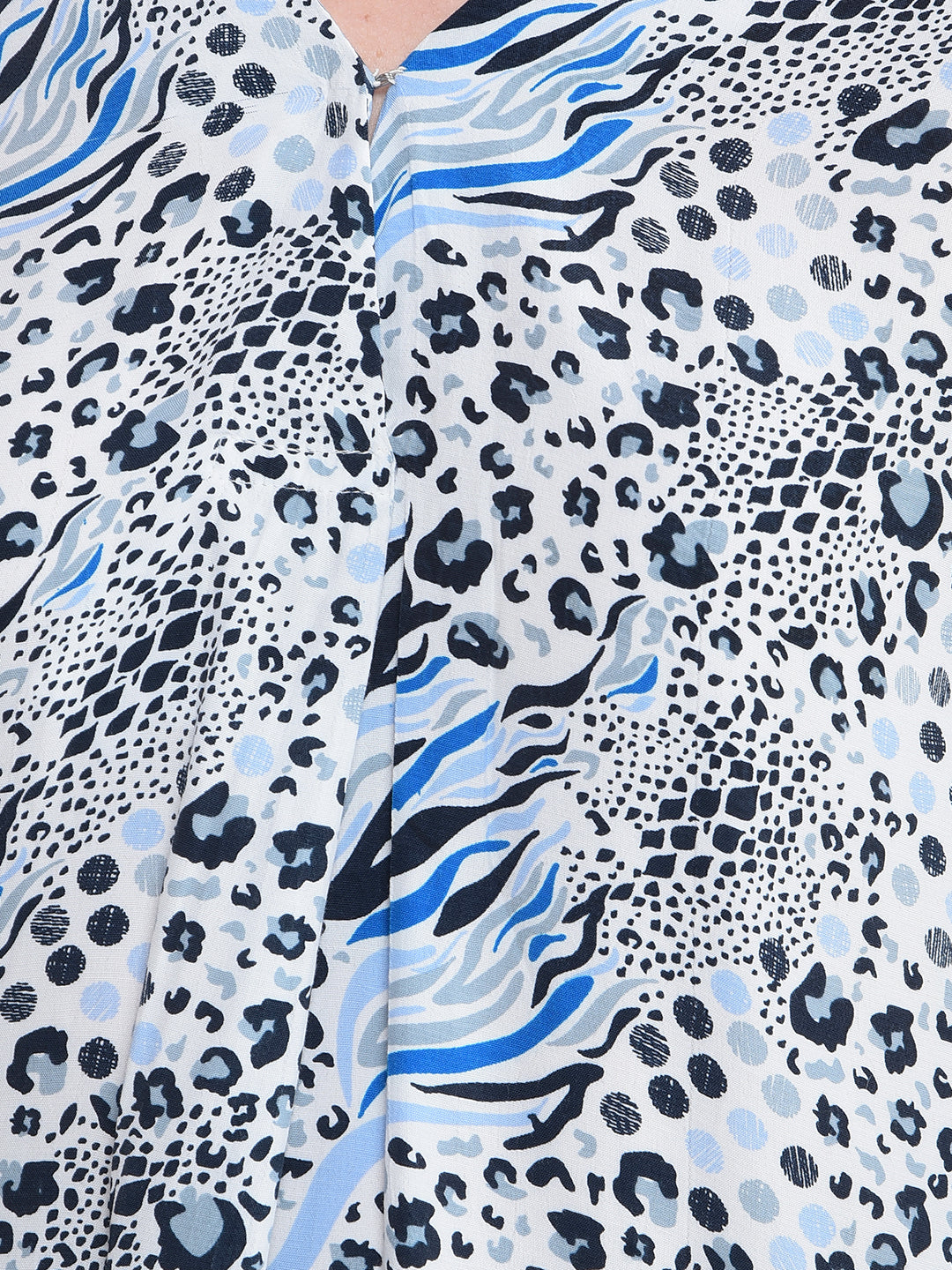 Blue Printed V-Neck Top-Women Tops-Crimsoune Club