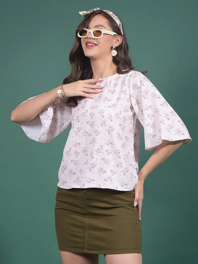White Floral Print Top-Women Tops-Crimsoune Club