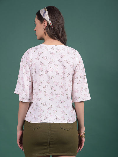 White Floral Print Top-Women Tops-Crimsoune Club