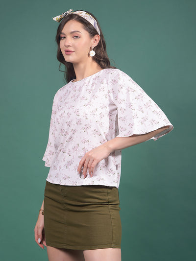 White Floral Print Top-Women Tops-Crimsoune Club
