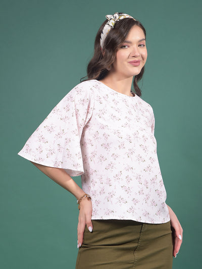 White Floral Print Top-Women Tops-Crimsoune Club