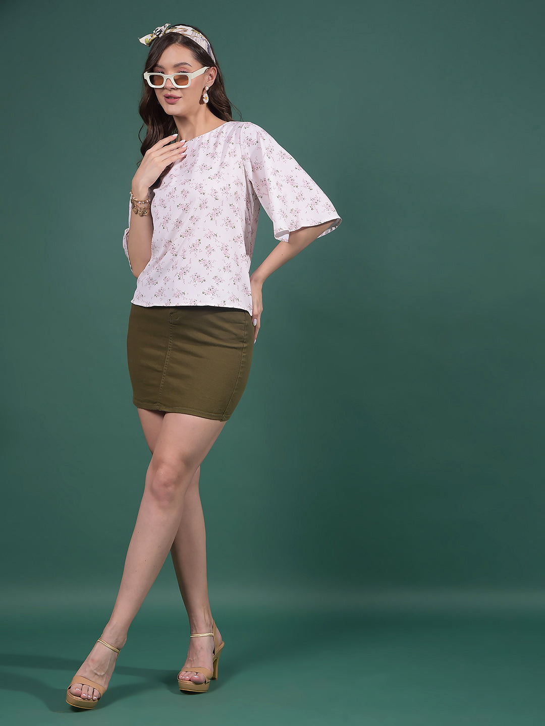 White Floral Print Top-Women Tops-Crimsoune Club