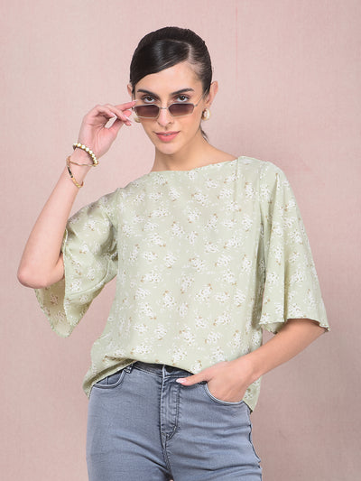 Green Floral Print Top-Women Tops-Crimsoune Club