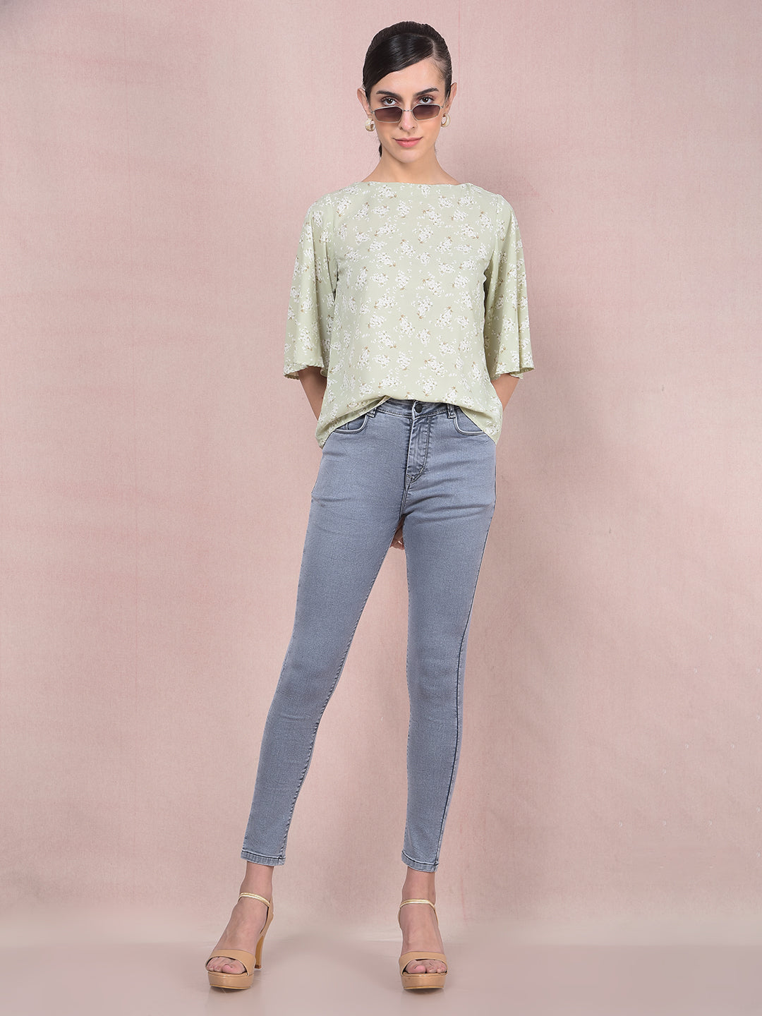 Green Floral Print Top-Women Tops-Crimsoune Club