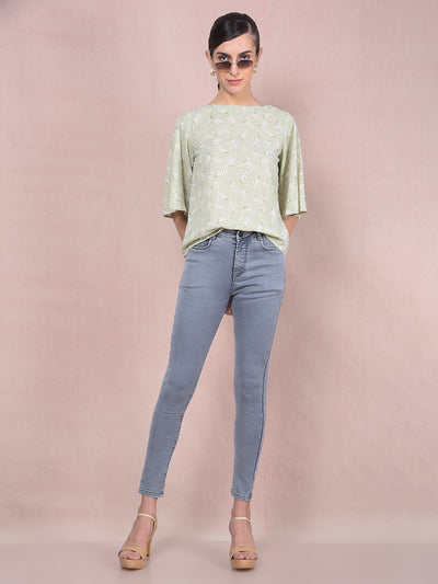 Green Floral Print Top-Women Tops-Crimsoune Club