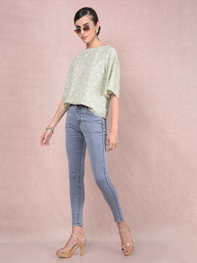 Green Floral Print Top-Women Tops-Crimsoune Club