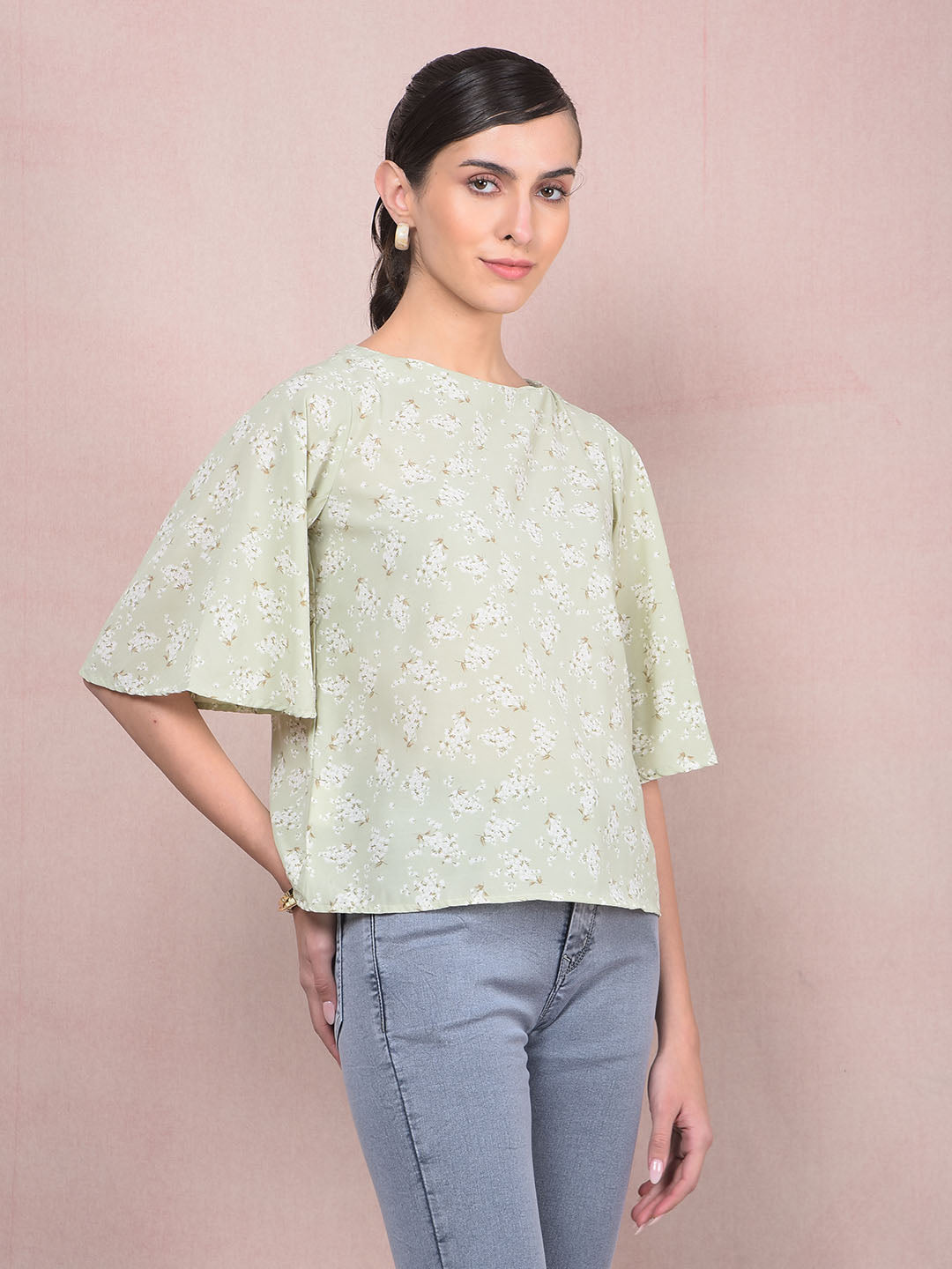 Green Floral Print Top-Women Tops-Crimsoune Club