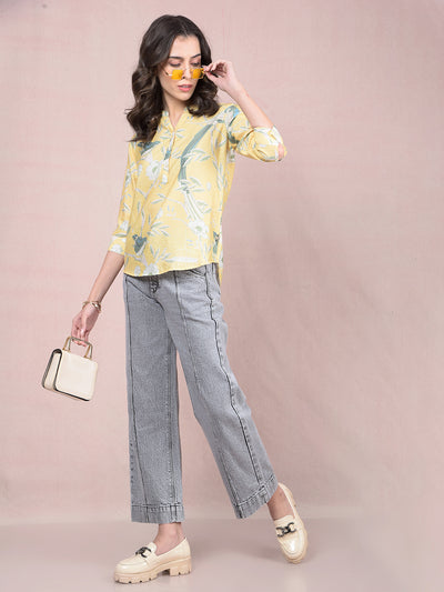 Yellow Floral Print V-Neck Top-Women Tops-Crimsoune Club