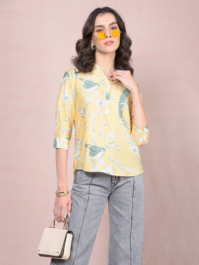 Yellow Floral Print V-Neck Top-Women Tops-Crimsoune Club