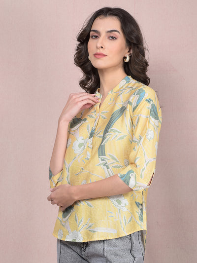 Yellow Floral Print V-Neck Top-Women Tops-Crimsoune Club