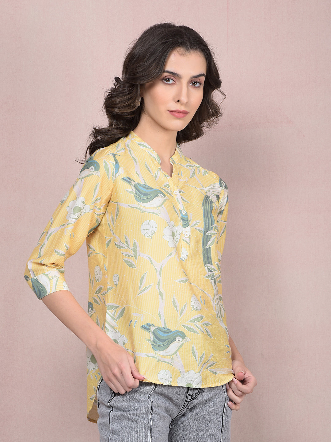 Yellow Floral Print V-Neck Top-Women Tops-Crimsoune Club
