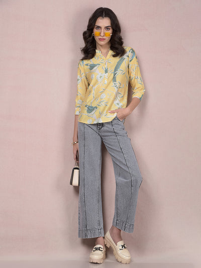 Yellow Floral Print V-Neck Top-Women Tops-Crimsoune Club
